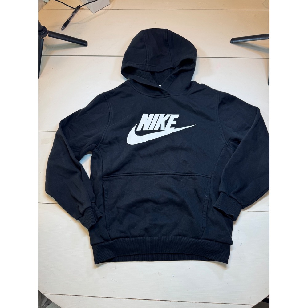 Nike Boys Sportswear Fleece Pullover Hoodie Black White Logo Sweatshirt Size L